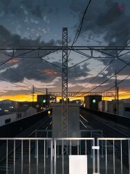 absurdres artist_name banishment building cloud cloudy_sky commentary_request evening gradient_sky grey_sky highres no_humans original outdoors power_lines railing railroad_signal railroad_tracks scenery signature sky train_station yellow_sky
