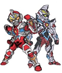 Rule 34 | 10s, 2boys, arm up, armor, chibi, clenched hands, denkou choujin gridman, gridman (character), gridman (ssss), gridman universe, male focus, mecha, multiple boys, no humans, no pupils, orange eyes, robot, shoulder armor, ssss.gridman, standing, tokusatsu, udje3758, yellow eyes