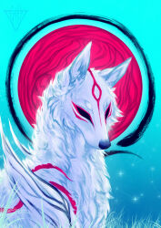 Rule 34 | amaterasu (ookami), animal focus, artist logo, black eyes, blue background, blue sky, character request, closed mouth, commentary, constellation, english commentary, geistvirus, gradient background, grass, highres, logo, no humans, ookami (game), sky, snake, solo, star (sky), upper body, white wolf, wolf