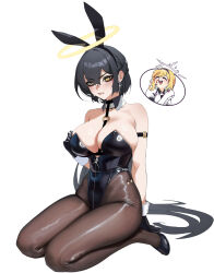2girls animal_ear_hairband animal_ears arm_strap aroused_nosebleed auriel_(behalter) bare_shoulders behalter black_gloves black_hair black_leotard black_pantyhose black_shoes blonde_hair blood blush breasts chibi chibi_inset clenched_teeth commentary cross cross_earrings detached_collar earrings embarrassed english_commentary fake_animal_ears fine_fabric_emphasis glint gloves hair_between_eyes hairband halo highleg highleg_leotard highres jewelry large_breasts leotard long_hair looking_at_viewer multiple_girls nosebleed o-ring original pantyhose playboy_bunny rabbit_ear_hairband rabbit_ears raphael_(behalter) seiza shiny_clothes shiny_skin shoes simple_background sitting teeth traditional_halo v-shaped_eyebrows very_long_hair white_background white_wrist_cuffs wrist_cuffs yellow_eyes yellow_halo