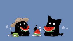 animal beetle black_cat blue_background bug cat eating food fruit hat highres holding hoshikui insect no_humans original plate shoutarou_(shoutarotttt) simple_background sitting star_(symbol) summer watermelon watermelon_slice