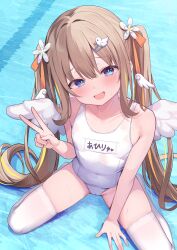 bare_shoulders blue_eyes breasts brown_hair cameltoe competition_swimsuit covered_navel feather_hair_ornament feathered_wings feathers flower hair_flower hair_ornament hairclip highleg highleg_one-piece_swimsuit highres name_tag one-piece_swimsuit school_swimsuit sitting small_breasts swimsuit thighhighs twintails varium virtual_youtuber wariza watamiya_ahiru white_one-piece_swimsuit wings yoshiheihe