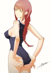 1girl artist_name ass blue_one-piece_swimsuit braid braided_ponytail breasts chainsaw_man highres illust_aqua long_hair makima_(chainsaw_man) medium_breasts one-piece_swimsuit red_hair ringed_eyes sidelocks solo swimsuit white_background yellow_eyes