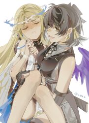 2girls absurdres bare_shoulders black_collar black_hair blush breasts carrying cartethyia_(wuthering_waves) chinese_commentary closed_eyes collar colored_inner_hair commentary_request crown_of_thorns earrings elbow_pads female_rover_(wuthering_waves) grey_hair hair_ribbon highres jewelry large_breasts looking_at_viewer multicolored_hair multiple_girls open_mouth pout princess_carry ribbon rover_(wuthering_waves) simple_background smile sweatdrop tacet_mark_(wuthering_waves) triangle_earrings tuzhong718 white_background wuthering_waves yellow_eyes yellow_ribbon