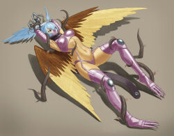 1girl absurdres armpits arms_up bikini black_scarf blue_eyes blue_hair bound bound_wrists breasts claws commentary_request commission covered_erect_nipples digimon digimon_(creature) feathered_wings full_body garter_straps gauntlets gloves hair_between_eyes highres kazukida leaf long_hair mask medium_breasts mouth_mask navel pixiv_commission plant purple_bikini purple_footwear purple_gloves restrained ryona scarf shadow shoulder_pads shutumon sidelocks simple_background skindentation solo stomach swimsuit thigh_gap vine_bondage vines wings