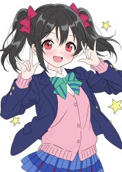 1girl :d \m/ absurdres black_hair blue_jacket blue_skirt blush bow bowtie cardigan cowboy_shot diagonal-striped_bow diagonal-striped_bowtie diagonal-striped_clothes double-parted_bangs double_\m/ dress_shirt green_bow green_bowtie hair_between_eyes hair_bow highres jacket long_sleeves love_live! love_live!_school_idol_project medium_hair miniskirt nico_nico_nii open_clothes open_jacket open_mouth otonokizaka_school_uniform pink_bow pink_cardigan plaid_clothes plaid_skirt pleated_skirt rennin school_uniform shirt simple_background skirt smile solo star_(symbol) striped_clothes teeth twintails upper_teeth_only white_background white_shirt winter_uniform yazawa_nico