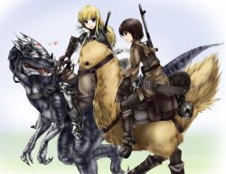 2girls abubu armor bag barding blonde_hair blue_eyes boots brown_eyes brown_hair bullet chocobo claws dinosaur riding_dinosaur final_fantasy gloves gun heart long_hair money_bag multiple_girls profile riding rifle saddle satchel short_hair sweatdrop sword teeth weapon
