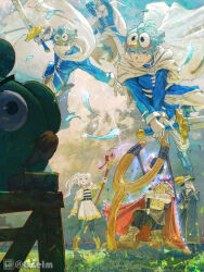 1girl 3boys absurdres angry_birds axe bad_piggies battle_axe beard black_pants black_robe blue_bird_(angry_birds) blue_eyes blue_feathers blue_hair blue_tunic brown_footwear capelet chinese_commentary cloak closed_mouth dress dwarf earrings eisen_(sousou_no_frieren) elf facial_hair feathers floating_earring frieren glass golemmm green_hair grey_cloak hal_(angry_birds) heiter highres himmel_(sousou_no_frieren) holding holding_axe holding_slingshot holding_staff holding_sword holding_weapon jewelry long_beard long_hair long_sleeves mage_staff magic mole mole_under_eye multiple_boys outdoors pants pantyhose parted_bangs pointy_ears red_(angry_birds) robe shirt slingshot_(weapon) smile staff striped_clothes striped_shirt sword tunic twintails weapon white_capelet white_cloak white_hair