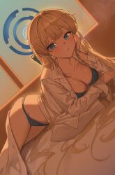 1girl absurdres black_bra black_panties blonde_hair blue_archive blue_halo bra breasts cleavage collared_shirt elbow_rest ggoong_(pooplambgoong22) halo hand_on_own_cheek hand_on_own_face head_on_hand head_rest highres long_hair looking_at_viewer lying panties shirt solo toki_(blue_archive) underwear white_shirt