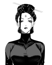 Rule 34 | 1girl, absurdres, alternate costume, black myth: wukong, breasts, facial mark, forehead mark, fourth sister (black myth: wukong), hair bun, hair ornament, hair stick, high collar, highres, large breasts, looking at viewer, makeup, monochrome, parted lips, q t (pixiv), runny makeup, simple background, solo, upper body, white background