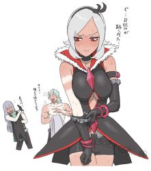 Rule 34 | 1girl, 2boys, abs, arm cuffs, bare legs, bare shoulders, black choker, black gloves, black pants, black shorts, black vest, blunt bangs, blush, breasts, choker, cleavage cutout, clothing cutout, covering face, diamond-shaped brooch, eas (fresh precure!), elbow gloves, embarrassed, exposed muscle, fresh precure!, frilled gloves, frills, gloves, green hair, grey hair, half gloves, headband, higashi setsuna, highres, holding, holding cloak, holding jacket, holding unworn clothes, jacket, laughing, long hair, looking to the side, mature male, medium hair, multiple boys, muscular, muscular male, open mouth, otoroshi 68, pants, parted bangs, pointing, pointing at another, precure, red eyes, shorts, single bare arm, souler (fresh precure!), summer, sunburn, sweatdrop, tan, tanline, teardrop, tearing up, topless male, twitter username, unworn jacket, upper body, vest, wester (fresh precure!), white background, wrist cuffs