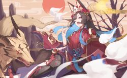 1girl absurdres animal_ear_fluff animal_ears bell blunt_bangs breasts commentary_request fang flower fox fox_ears fox_girl fox_tail ginsetsu_(shadowverse) hair_ornament highres ichien_ekaki japanese_clothes jingle_bell kimono kitsune kyuubi large_breasts long_hair long_sleeves looking_at_viewer lying mountain multiple_tails one_eye_closed open_mouth pleated_skirt purple_eyes purple_skirt red_kimono shadowverse shadowverse:_worlds_beyond sharp_teeth shin_guards skirt smoke solo sun tail teeth tree wide_sleeves