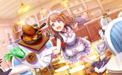 1girl apron bird blurry braid broccoli brown_hair carrot chair coaster colorful_palette corn dress drink flying_sweatdrops food fork frilled_apron frilled_dress frills fruit game_cg ganbaru_anata_ni_break_time!_(project_sekai) glass gloves grey_eyes hamburger_steak hanasato_minori highres holding holding_fork holding_plate ice ice_cube maid_headdress official_alternate_costume official_art open_mouth parfait penguin plate potato_wedges project_sekai solo sparkle spill strawberry table third-party_source tongue tripping white_apron white_gloves