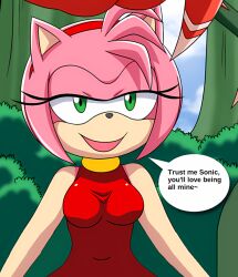 Rule 34 | 1girl, amy rose, bbmbbf, breasts, dress, forest, green eyes, looking at viewer, mobius unleashed, nature, palcomix, pink hair, red dress, seductive gaze, smile, sonic (series), talking