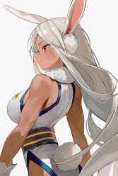 1girl absurdres animal_ear_fluff animal_ears blush boku_no_hero_academia breasts closed_mouth commentary dark-skinned_female dark_skin floating_hair from_side grey_hair highleg highleg_leotard highres katsubaoo large_breasts leotard long_eyelashes long_hair mirko profile rabbit_ears rabbit_girl rabbit_tail red_eyes simple_background smile solo tail upper_body very_long_hair white_background white_leotard