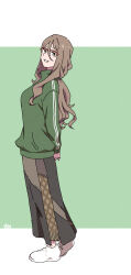 Rule 34 | 10ttruck, 1girl, arms behind back, black skirt, brown eyes, brown hair, commentary request, full body, glasses, green jacket, highres, jacket, long hair, long sleeves, looking at viewer, lycoris recoil, nakahara mizuki, open mouth, over-rim eyewear, red-framed eyewear, semi-rimless eyewear, shoes, skirt, solo, white shoes