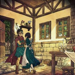 1boy 1girl apron basin belt black_hair blue_dress blue_flower blue_tunic book boots braid brick_wall brown_belt brown_boots brown_gloves brown_shoes circlet cloak closed_mouth cobblestone crying dragon_quest dragon_quest_iii dress fire fireplace flower full_body gloves hair_between_eyes hair_over_shoulder hands_on_own_face hero&#039;s_mother_(dq3) highres indoors jar kettle lantern long_dress mother_and_son red_cloak roto_(dq3) shoes short_hair short_sleeves single_braid smile socks stool sword table tablecloth toriga tunic vase weapon weapon_on_back white_apron white_socks window wooden_floor
