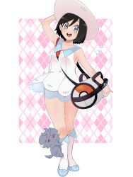 1boy :d bag black_hair blue_shoes calem_(pokemon) collared_dress commentary_request cosplay dress duffel_bag espurr gen_6_pokemon grey_eyes hat highres lillie_(pokemon) lillie_(pokemon)_(cosplay) looking_at_viewer male_focus nintendo notice_lines open_mouth poke_ball_print pokemon pokemon_(creature) pokemon_on_leg pokemon_sm pokemon_xy sana_(37pisana) shoes short_dress sleeveless sleeveless_dress smile socks standing teeth upper_teeth_only white_dress white_socks