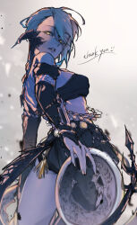1girl au_ra blue_hair bridal_gauntlets chakram dancer_(final_fantasy) final_fantasy final_fantasy_xiv from_behind highres holding holding_weapon horns liz_gray looking_at_viewer looking_back monster_girl parted_lips scales sketch solo standing tail thank_you warrior_of_light_(ff14) weapon yellow_eyes