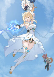 1boy 2girls absurdres aiming aqua_eyes armpits bare_shoulders black_gloves black_pants black_shirt blonde_hair blue_sky boots braid breasts cacucu cleavage cloud detached_sleeves dress fingerless_gloves flower flower_on_head flying full_body genshin_impact gloves halter_dress halterneck hat high-low_dress highres holding ifa_(genshin_impact) jacket jhp987 lumine_(genshin_impact) medium_breasts multiple_girls one_eye_closed open_mouth paimon_(genshin_impact) pants partially_fingerless_gloves shirt short_hair single_glove sky sleeveless sleeveless_dress smile thigh_boots thighs twin_braids water_gun white_boots white_dress white_flower white_hair white_hat white_jacket white_sleeves yellow_eyes