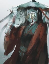 1boy ajirogasa artist_name bandaged_arm bandaged_neck bandages black_hair black_hanfu black_veil blood blood_on_arm blood_on_clothes blood_on_neck bloody_bandages chinese_clothes chinese_commentary closed_mouth coat coin coin_mask coin_on_string dao_gui_yi_xian grey_background hair_bun hand_on_headwear hand_up hanfu hat highres holed_coin li_huowang long_hair long_sleeves looking_at_viewer male_focus mask mouth_veil open_clothes open_coat red_coat red_eyes red_ribbon ribbon signature single_hair_bun sketch solo straw_hat upper_body veil weimao wide_sleeves wu78639567