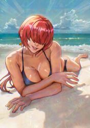 1girl artist_name beach bikini breasts feet female_focus highres large_breasts long_hair lying ocean on_stomach outdoors pale_skin panties ponytail red_hair sand shermie_(kof) shiny_skin sky smile swimsuit the_king_of_fighters thighs underwear water yukinoshin_f