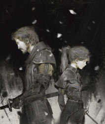 1boy 1girl absurdres arm_behind_back armband back-to-back black_coat brown_hair clair_obscur:_expedition_33 closed_mouth coat commentary cowboy_shot dark_background dino_(dinoartforame) facial_hair faux_traditional_media gustave_(clair_obscur:_expedition_33) high_ponytail highres holding holding_sword holding_weapon long_hair looking_ahead maelle_(clair_obscur:_expedition_33) neckbeard number-only_commentary number_print painterly ponytail prosthesis prosthetic_arm rapier short_hair standing sword weapon