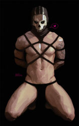 Rule 34 | 1boy, abs, arm tattoo, arms behind back, bdsm, black background, black male underwear, blue eyes, bondage, bound, call of duty, call of duty: modern warfare 2, commentary, english commentary, ghost (modern warfare 2), groin, heart, highres, kneeling, looking at viewer, male focus, male underwear, mask, navel, nipples, pectorals, shibari, signature, simple background, skull mask, solo, speech bubble, spoken heart, tattoo, underwear, voidbringerr