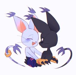 absurdres animal_hands black_fur black_tail blacktailmon body_fur cat closed_eyes digimon digimon_(creature) gloves highres legzy paw_gloves purple_tail simple_background striped_tail tail tail_ornament tail_ring tailmon two-tone_tail upper_body whiskers white_background white_fur white_tail