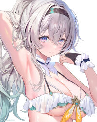 1girl armpits bare_shoulders black_bridal_gauntlets black_hairband breasts bridal_gauntlets cleavage commentary_request cropped firefly_(honkai:_star_rail) gradient_hair grey_hair hairband highres honkai:_star_rail honkai_(series) large_breasts long_hair machi_(machi0910) multicolored_hair simple_background solo unfinished white_background