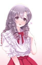 1girl alternate_hairstyle blush drill_hair frilled_shirt frills grey_eyes grey_hair heart highres idolmaster idolmaster_cinderella_girls long_hair looking_at_viewer open_mouth red_skirt shiragiku_hotaru shirt skirt smile solo thewatchertmk white_shirt