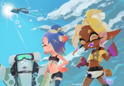 1boy 2girls big_man_(splatoon) big_man_(splatoon_raiders) blonde_hair blue_hair dark-skinned_female dark_skin ear_piercing fangs frye_(splatoon) frye_(splatoon_raiders) goggles goggles_on_head hair_over_one_eye hands_on_own_hip inkling inkling_(swim_form) lens_flare looking_at_viewer multiple_girls nintendo ocean octoling open_mouth outdoors piercing pointy_ears red_eyes shiver_(splatoon) shiver_(splatoon_raiders) shorts smile splatoon_(series) splatoon_raiders sun tank_top tentacle_hair thighhighs water waves
