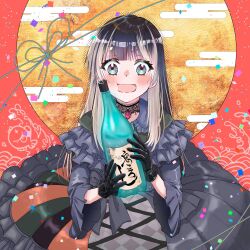 1girl black_dress black_gloves black_hair blonde_hair bottle chiyokurayuki dress egasumi frilled_dress frills gloves goth_fashion gothic_lolita highres holding holding_bottle hololive hololive_dev_is juufuutei_raden juufuutei_raden_(1st_costume) lace_trim lolita_fashion long_hair looking_at_viewer multicolored_hair open_mouth sake_bottle solo streaked_hair two-tone_hair virtual_youtuber