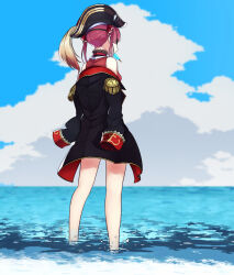 1girl ascot black_choker black_coat black_hat blue_sky choker cloud coat frilled_choker frills hair_ribbon hat hololive houshou_marine houshou_marine_(1st_costume) jacket momose_nasukura pirate_hat red_ascot red_hair red_jacket red_ribbon ribbon sky sleeveless sleeveless_jacket virtual_youtuber water