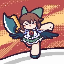 &gt;_&lt; 1girl :d animated animated_gif axe bird_wings black_wings blush bow brown_hair cape chibi collared_shirt commentary_request cookie_(touhou) frilled_skirt frills full_body green_bow green_skirt hair_bow highres holding holding_axe long_hair looping_animation nadeko_(cookie) open_mouth pixel_art reiuji_utsuho running shirt skirt smile solo third_eye tonchamon_san touhou white_cape white_shirt wings