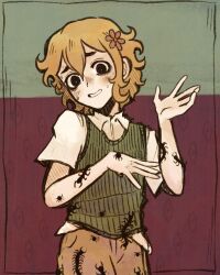 Rule 34 | 1boy, alternate eye color, basil (faraway) (omori), basil (omori), black eyes, brown shorts, bug, centipede, collared shirt, flower, green sweater vest, hair flower, hair ornament, highres, looking at viewer, male focus, nervous smile, nervous sweating, omori, ottie pops, parted lips, shirt, short hair, short sleeves, shorts, smile, solo, spider, sweat, sweater vest, white shirt