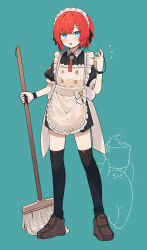 1girl :&lt; absurdres alternate_costume ange_katrina apron aqua_background black_dress black_ribbon black_thighhighs blue_eyes blush brown_shoes bucket carrying_overhead collared_dress commentary_request creature crossed_bangs dress enmaided frilled_apron frills full_body hair_ribbon hand_up hatyuuruinohito highres holding holding_bucket holding_mop holding_pocket_watch looking_at_viewer maid maid_apron maid_headdress mandragora mop necktie nijisanji open_mouth pocket_watch red_hair red_necktie ribbon shoes short_dress short_hair short_necktie short_sleeves simple_background square-end_necktie thighhighs virtual_youtuber watch white_apron white_headdress wristband zettai_ryouiki