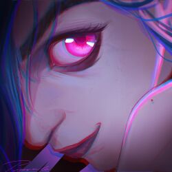 1girl arcane:_league_of_legends arcane_jinx bare_shoulders black_eyeliner blue_hair chromatic_aberration close-up eye_focus eyeliner freckles glowing glowing_eyes heibai_bangbing highres jinx_(league_of_legends) league_of_legends lips looking_at_viewer looking_to_the_side makeup pink_eyes profile signature smile solo