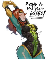 1girl alohapz arms_up artist_name bodysuit breasts closed_eyes english_text gloves headband highres jean_grey marvel marvel_rivals medium_breasts medium_hair orange_hair parted_lips simple_background solo stretching superhero_costume thick_thighs thighs white_background x-men yellow_gloves