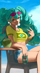 1girl :3 aqua_eyes aqua_hair aqua_nails arm_at_side arm_on_table arm_rest bangle beach big_hair bikini bikini_tan bikini_under_clothes black-framed_eyewear blue_bikini blue_eyes blue_hair blue_nails blue_shorts blue_sky bra_strap bracelet brazilian_flag brazilian_flag_print brazilian_miku breasts can chair cleavage closed_mouth cloud commentary crop_top cropped_shirt crossed_bangs crossed_legs curly_hair dark-skinned_female dark_skin day denim denim_shorts double-parted_bangs drink drink_can drinking_straw earrings english_commentary eyebrow_cut eyewear_on_head farmer&#039;s_tan feet_out_of_frame fingernails flag_print foot_up fruit_cup gold_bracelet gold_earrings green_shirt green_trim guarana_antarctica hair_intakes half-closed_eyes hand_up hatsune_miku head_tilt highleg highleg_bikini highres holding holding_can holding_drink hoop_earrings jewelry karassawa light_smile long_eyelashes long_hair looking_at_viewer looking_to_the_side medium_breasts midriff multiple_bracelets narrowed_eyes on_chair outdoors panty_straps print_shirt psg-1_(beer-drinking_canis_minor)_(girls&#039;_frontline) psg-1_(girls&#039;_frontline) purple-tinted_eyewear reclining shade shadow shirt shirt_tan short_shorts short_sleeves shorts shorts_tan side-tie_bikini_bottom sidelocks sitting sky smirk smug soda soda_can solo string_bikini summer sunglasses sunlight swimsuit table tan tanline tanline_peek tanlines thick_eyebrows thick_eyelashes thighs tight_clothes tight_shirt tinted_eyewear torn_clothes torn_shorts twintails two-tone_shirt v v-shaped_eyebrows very_long_hair vocaloid water wooden_table yellow_shirt
