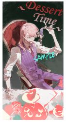Rule 34 | 1boy, absurdres, cake, cake slice, chair, character name, collared shirt, food, fork, green eyes, highres, holding, holding fork, long hair, long sleeves, male focus, mini person, miniboy, multiple boys, necktie, original, pants, pink hair, qyzhiaiyisheng, red necktie, sample watermark, shirt, sitting, sleeves rolled up, striped clothes, striped necktie, vest, watermark, white shirt