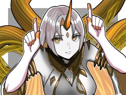 1girl blonde_hair breasts cleavage cleavage_cutout closed_mouth clothing_cutout colored_inner_hair commentary dress english_commentary facial_mark fire_emblem fire_emblem_heroes forehead forehead_mark grey_dress grey_hair gullveig_(fire_emblem) horns index_finger_raised large_breasts long_hair looking_at_viewer mnejing30 multicolored_hair nintendo pale_skin single_horn sleeveless sleeveless_dress snake snake_hair solo two-tone_hair very_long_hair yellow_eyes