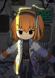 1girl a.i._voice absurdres adachi_rei belt binary black_pantyhose black_shirt cable closed_mouth cowboy_shot crack_of_light grey_shorts hair_ribbon highres indoors jacket long_sleeves looking_at_viewer machinery medium_hair monitor one_side_up open_clothes open_jacket orange_belt orange_eyes orange_hair pantyhose ribbon shirt shorts slit_pupils solo standing usa_motou utau white_jacket white_ribbon