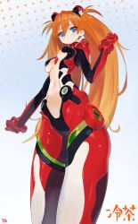 1girl artist_name blue_eyes bodysuit borrowed_design breasts female_focus gainax gradient_background halftone halftone_background headgear highres long_hair mecha_pilot_suit navel neon_genesis_evangelion orange_hair plugsuit_(evangelion) small_breasts smile solo souryuu_asuka_langley twintails underboob very_long_hair yd_(orange_maru)