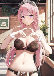 1girl absurdres bare_shoulders blush bow bow_bra bow_panties bra braid breasts brick_wall brown_bra brown_panties cafe chair cleavage collarbone day fingernails gibun_(sozoshu) grin hair_ornament hair_tie hairclip heart heart_hands highres indoors large_breasts light_particles long_hair looking_at_viewer maid maid_headdress menu_board navel original panties pink_bow pink_eyes pink_hair pink_lips pink_nails plaid_clothes plaid_headdress plant scrunchie smile solo stomach thighs underwear white_scrunchie wrist_bobbles wrist_scrunchie