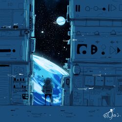 1other absurdres ambiguous_gender backpack bag commentary_request door fish from_behind helmet highres holding holding_bag kazunoko_(kazunoko_zunoco) original planet plastic_bag radio_antenna signature solo space space_helmet star_(sky)