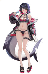 1girl alternate_costume belt bikini black_bikini black_hair black_jacket breasts bubble99 cleavage commentary_request ellen_joe fins fish_tail food full_body highres holding holding_food holding_popsicle jacket korean_commentary large_breasts nail_polish navel popsicle red_eyes red_hair sandals shark_girl shark_tail short_hair simple_background solo stomach swimsuit tail thigh_belt thigh_strap toenail_polish toenails toes white_background zenless_zone_zero