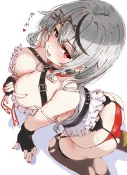 1girl ass bare_shoulders black_gloves breasts cleavage eyelashes fingerless_gloves from_above gloves grey_hair heart highres hololive kneeling large_breasts long_hair panties red_eyes red_panties sakamata_chloe single_off_shoulder solo tazrn1 translation_request underwear virtual_youtuber