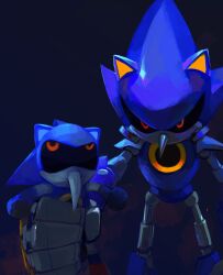 1boy animal_ears artifisoap blue_background character_doll clenched_hand glowing glowing_eyes highres holding humanoid_robot looking_at_viewer male_focus metal_sonic pointy_nose red_eyes robot science_fiction simple_background solo sonic_(series) standing