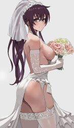 Rule 34 | 1girl, absurdres, ass, backless dress, backless outfit, black hair, bouquet, breasts, bridal veil, closed mouth, clothing aside, commission, commissioner upload, crossed bangs, dress, dress aside, elbow gloves, flower, garter straps, gloves, grey background, hair between eyes, halterneck, highres, holding, holding bouquet, kanzaki kaori, large breasts, long hair, nipples, non-web source, ponytail, purple eyes, sideboob, sleeveless, sleeveless dress, smile, solo, thighhighs, toaru majutsu no index, veil, very long hair, wedding dress, white dress, white garter straps, white gloves, white thighhighs, white veil, zefrableu